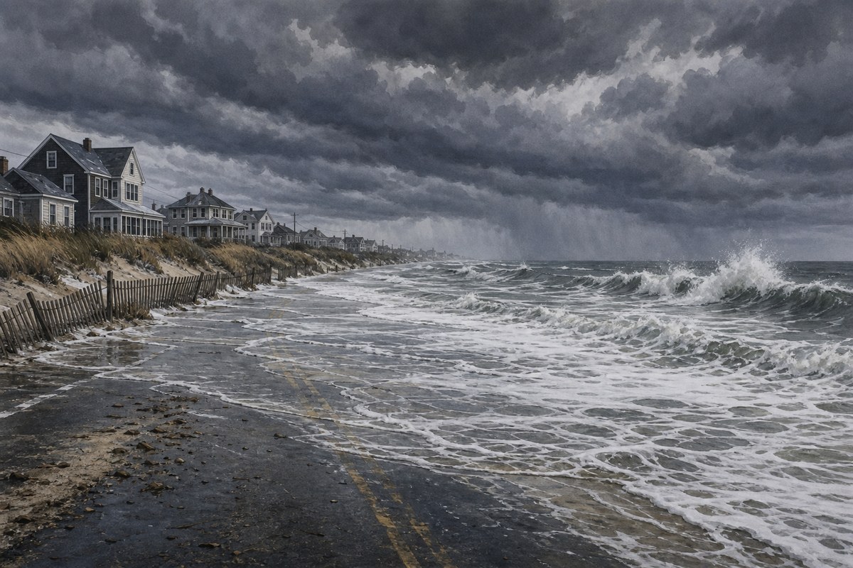 Illustration of storm waves and tidal water covering a low coastal road.