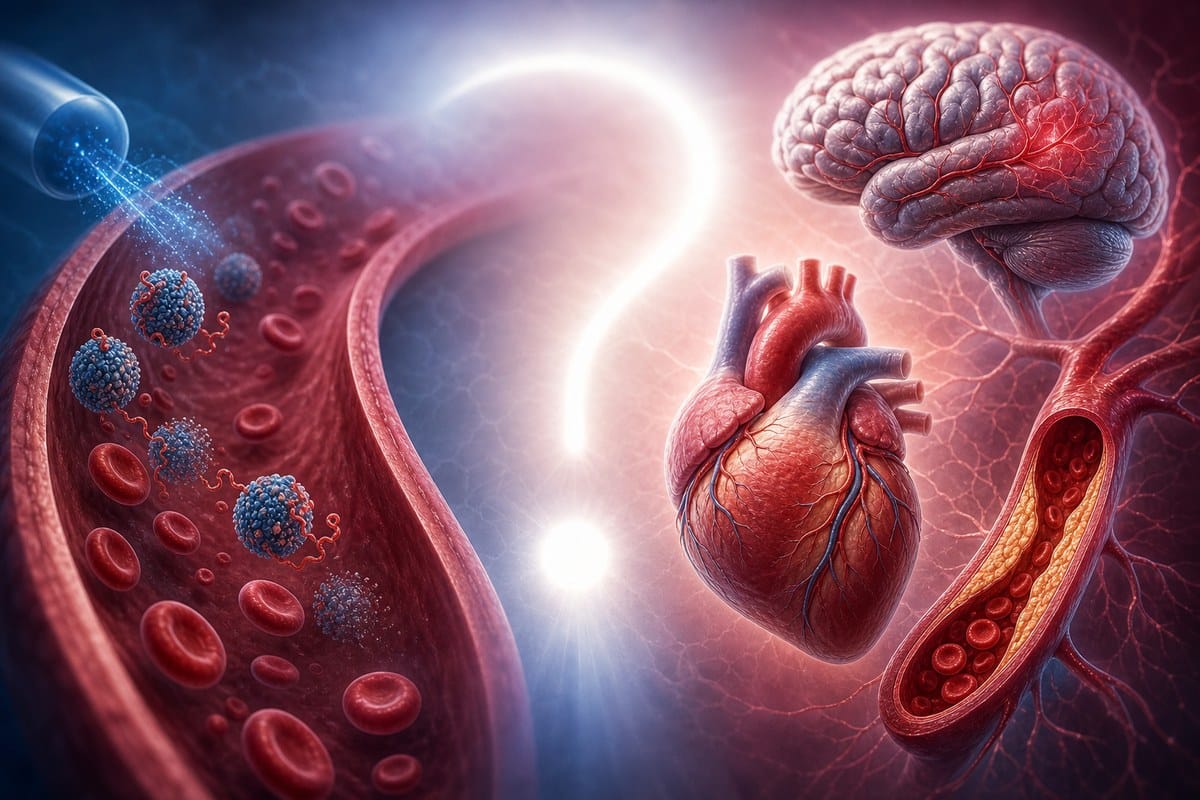 Conceptual illustration contrasting reduced Lp(a) particles with heart, brain and coronary outcomes.
