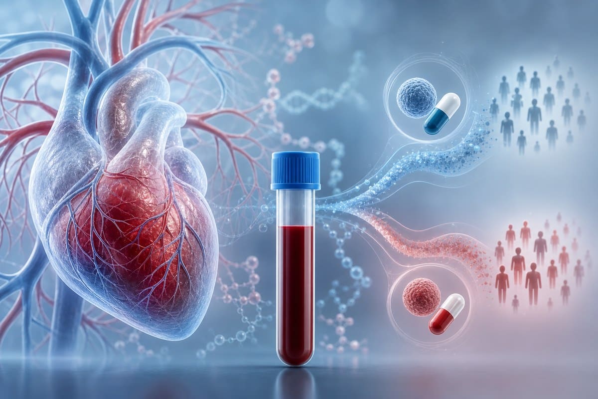 Illustration of a heart, blood vessels, blood sample and molecular strands representing a cardiovascular drug trial.