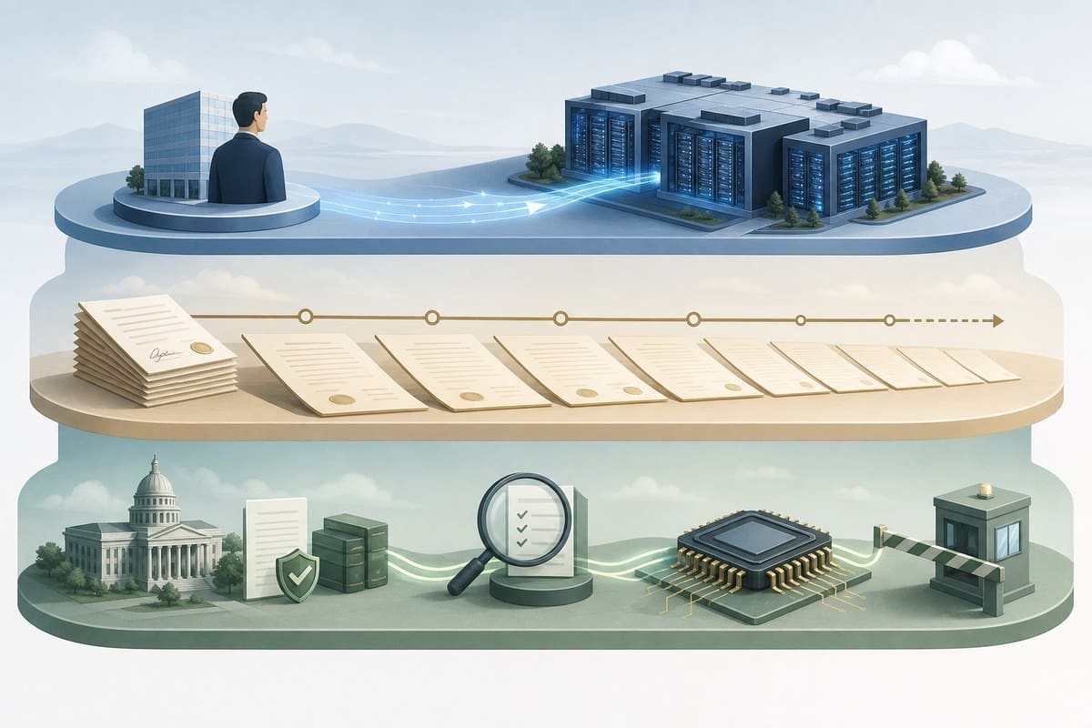Conceptual illustration separating concentrated current revenue, future contract commitments and chip-policy review.