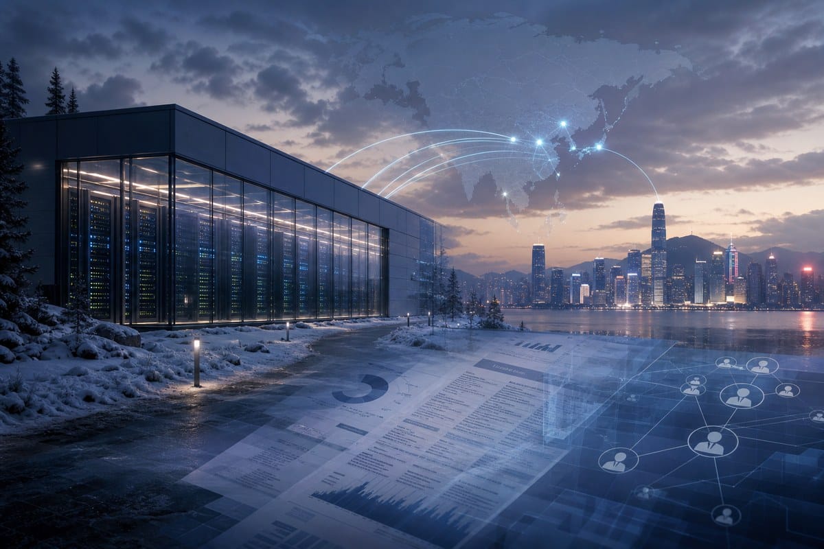 Illustration of a Nordic data center linked to financial documents and a distant city skyline.