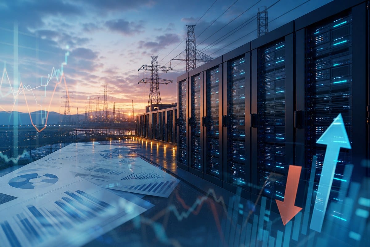 Glowing data-centre server racks beside power infrastructure and abstract financial documents