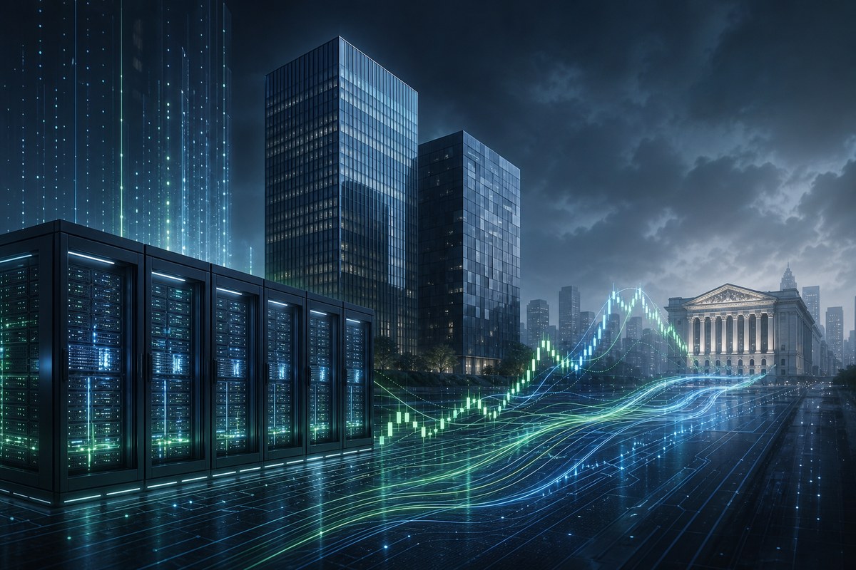 Abstract AI data center linked to financial market buildings by glowing lines