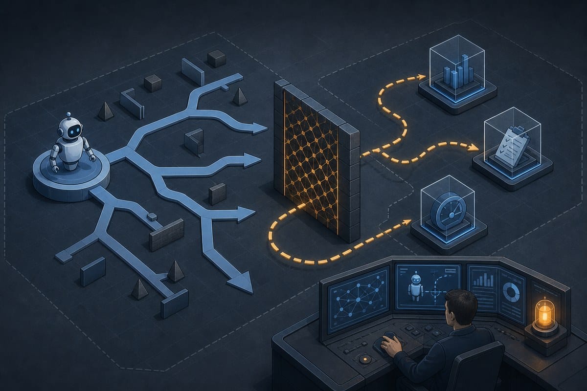 A conceptual diagram of an AI agent navigating restrictions between separate testing environments.