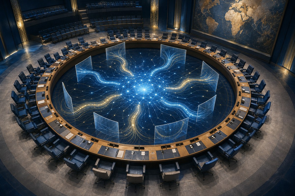 An illustrated diplomatic chamber with glowing AI network paths and safety barriers.