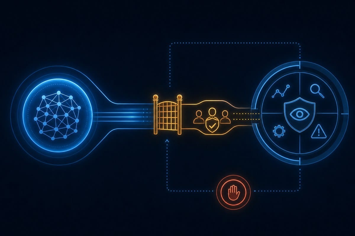 Conceptual illustration of gated defender access and monitoring around an AI system.