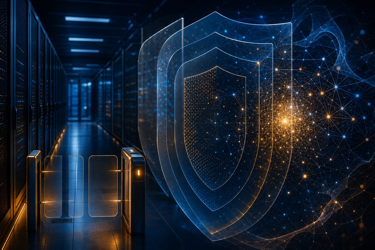 Abstract AI network behind layered cybersecurity shields and a controlled access gate.