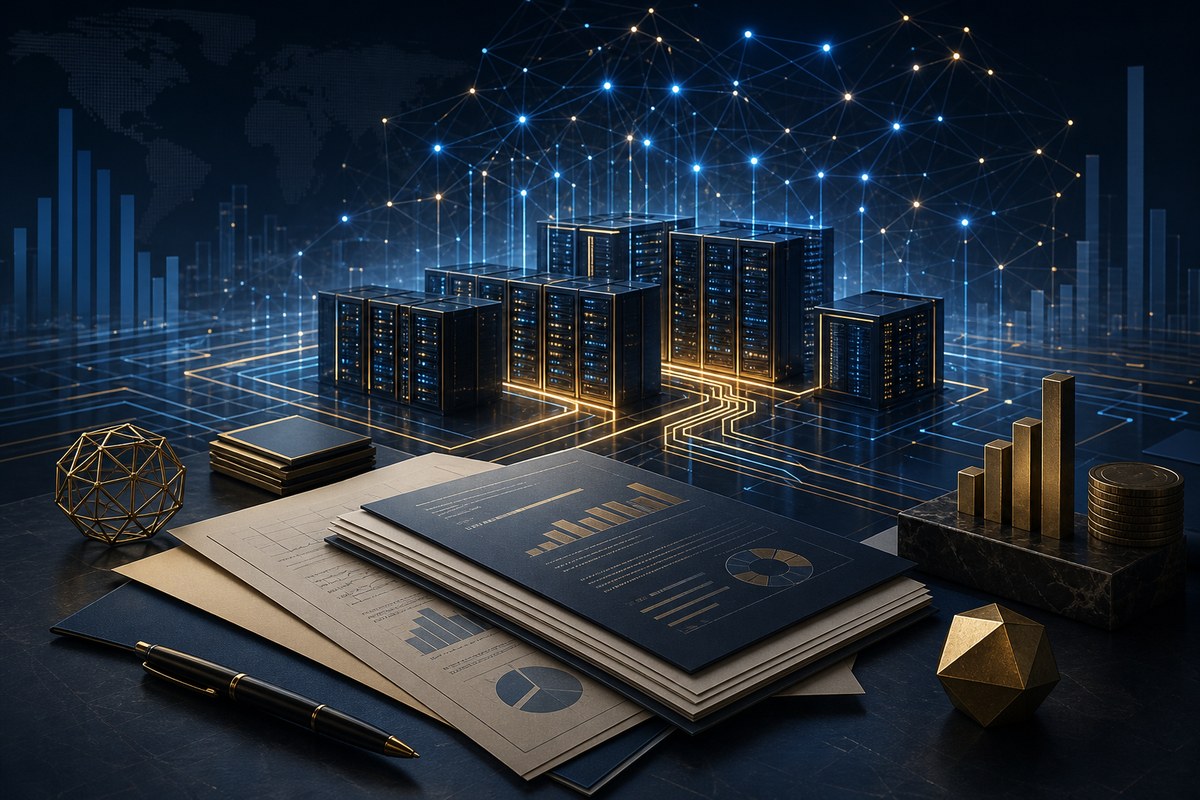 Abstract AI server network behind layered financial documents and investment markers