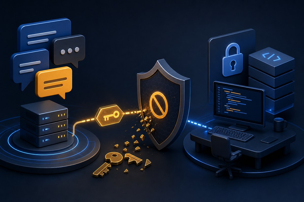 Illustration of a forum connected by an authentication token to a protected developer system, with the access path cut off.