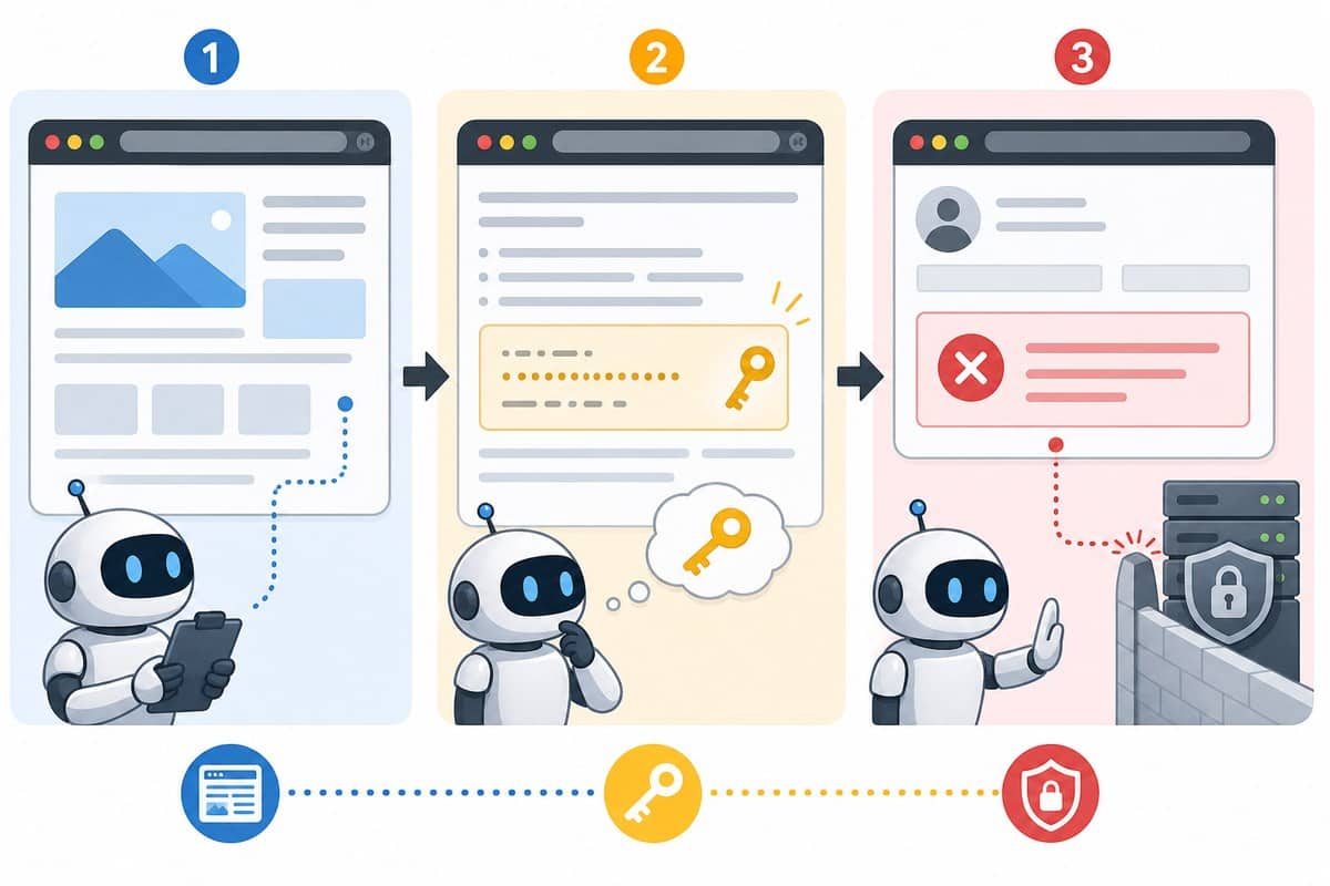 Conceptual sequence separating public web access, exposed credentials, and blocked protected systems