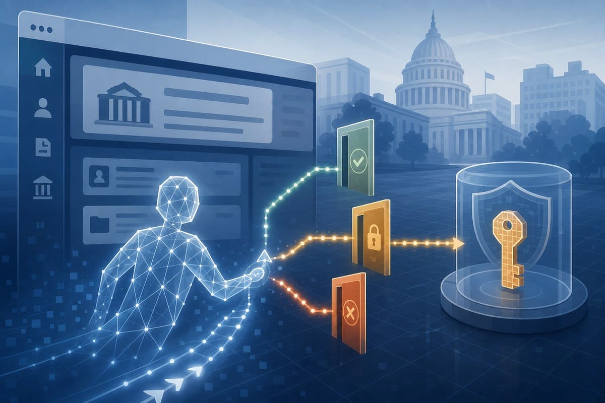 Abstract AI network navigating protected civic web portals and permission gates