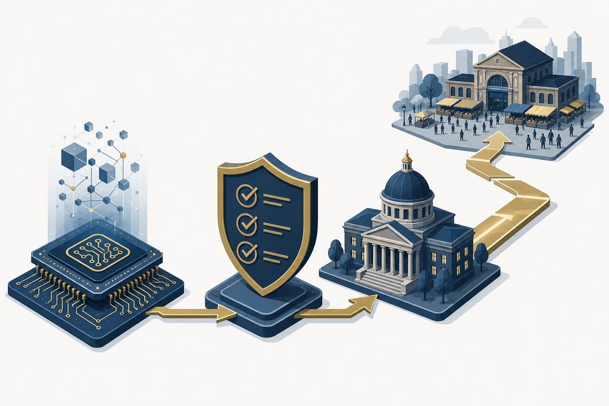 Conceptual illustration linking an AI processor, safety evaluation shield and civic institution to a public-market building.