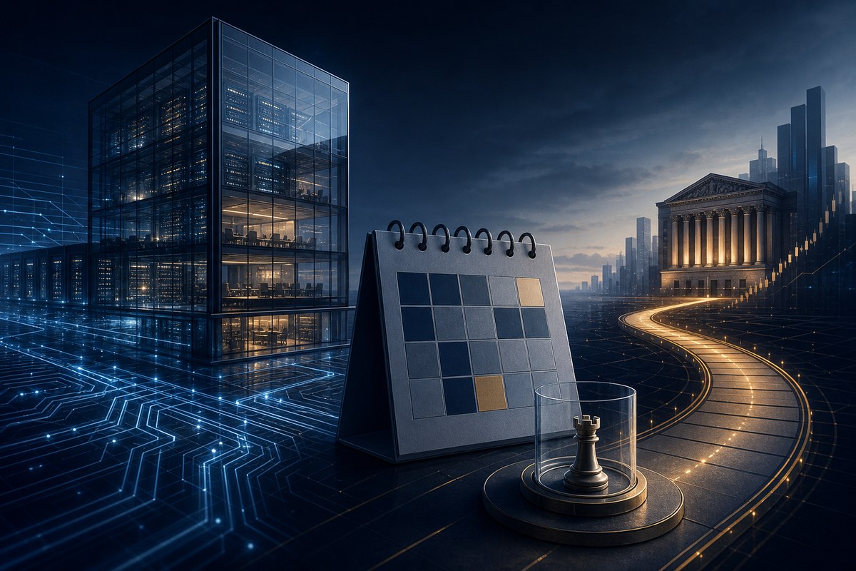Abstract AI circuits and a glass tower separated from a distant market building by a closed calendar.