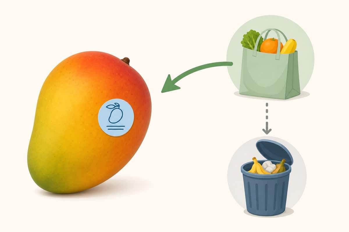 Illustration of a mango with a blue produce sticker and symbols for returning or discarding recalled fruit.