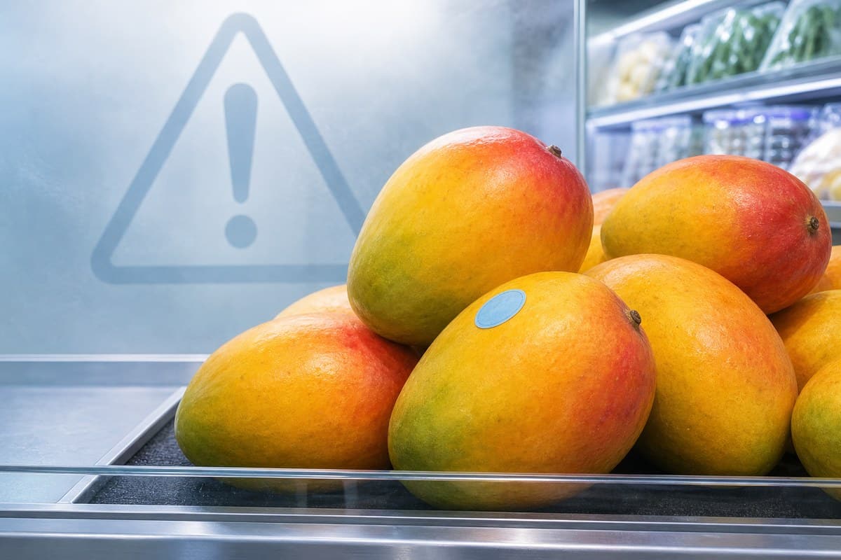 Mangoes on a grocery produce display with one light-blue sticker and a subtle food-safety warning symbol.