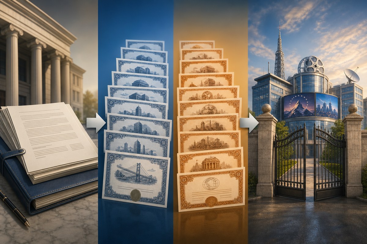 Illustration showing acquisition financing moving from commitments to bond markets while a courthouse condition remains open.