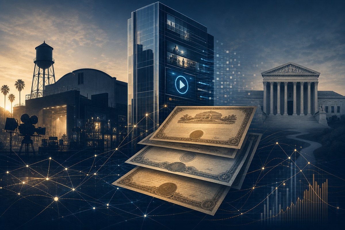 Studio buildings, bond papers and a courthouse connected in a financial illustration.