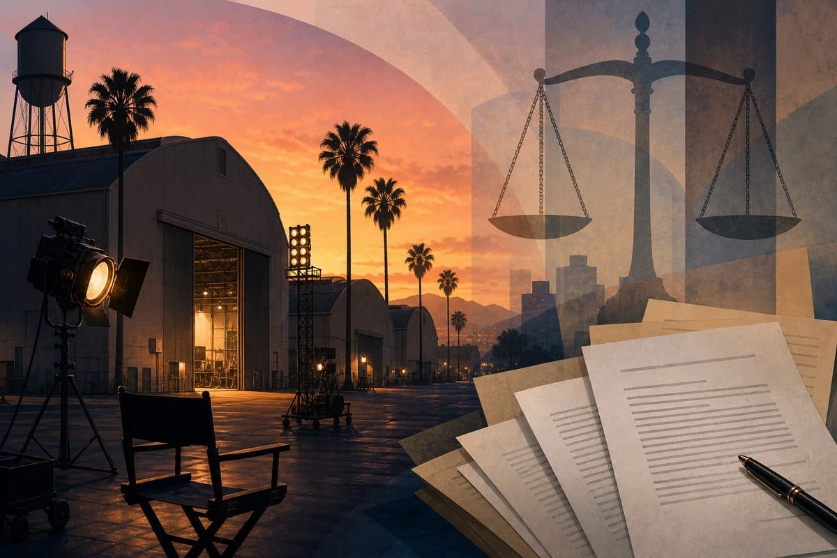 California studio soundstages and abstract legal documents under production lights