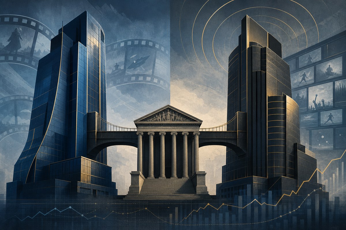 Abstract media-company merger bridge halted by a courthouse barrier