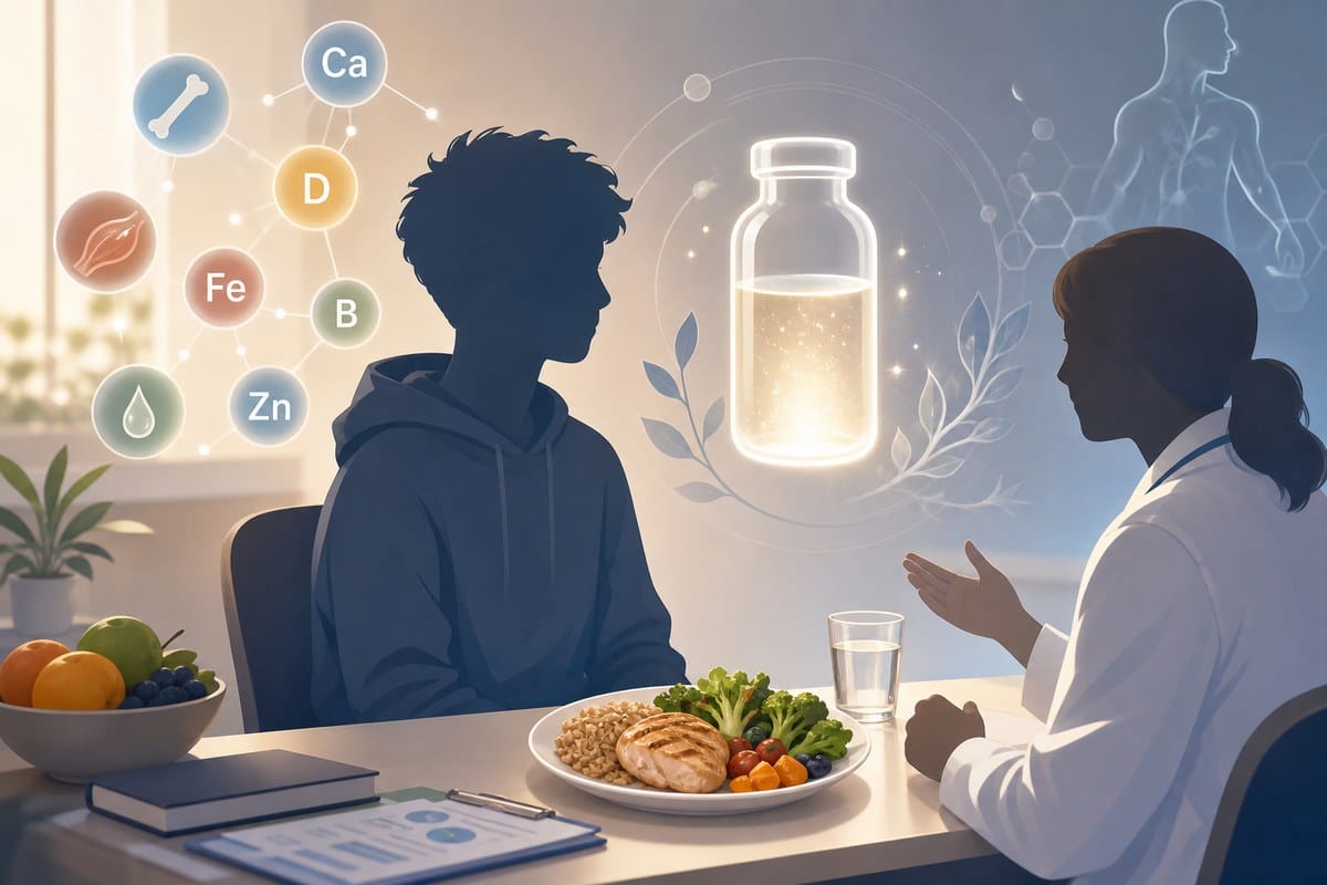 Editorial illustration of nutrition counseling and medical treatment for an adolescent.