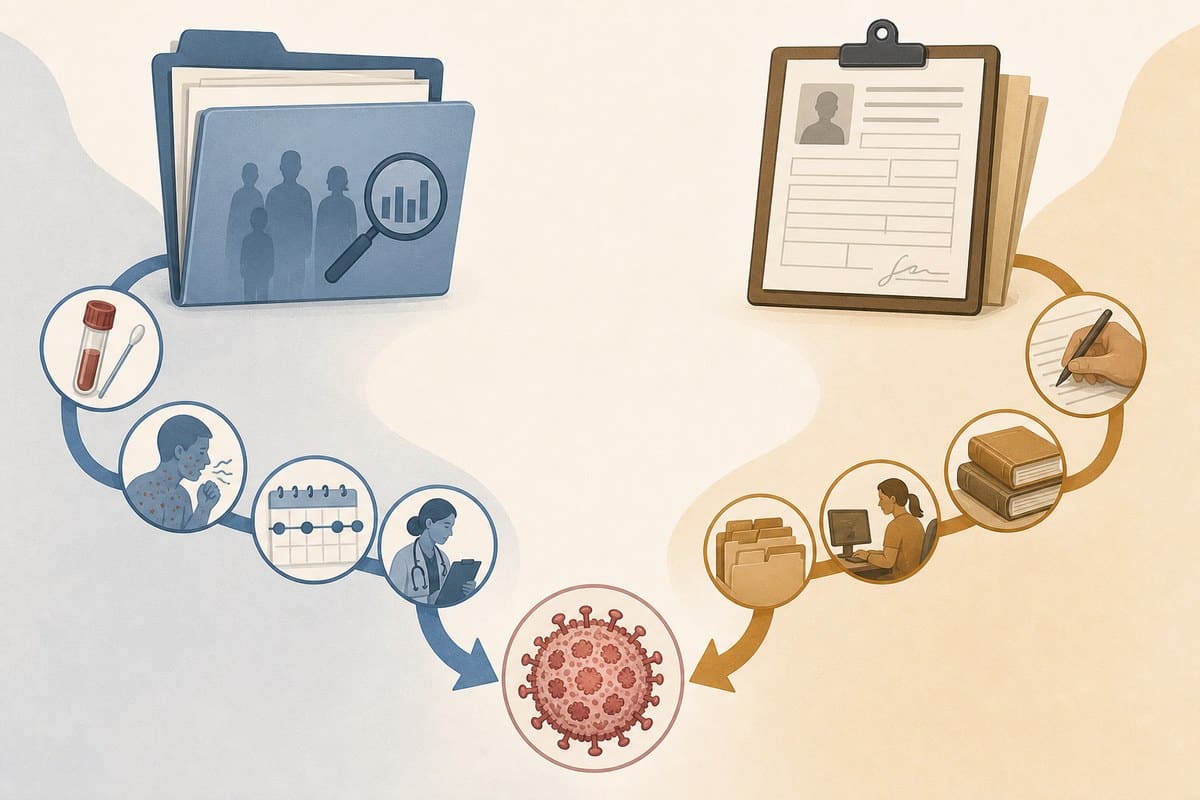 Conceptual illustration comparing public-health surveillance review with death-certificate cause coding