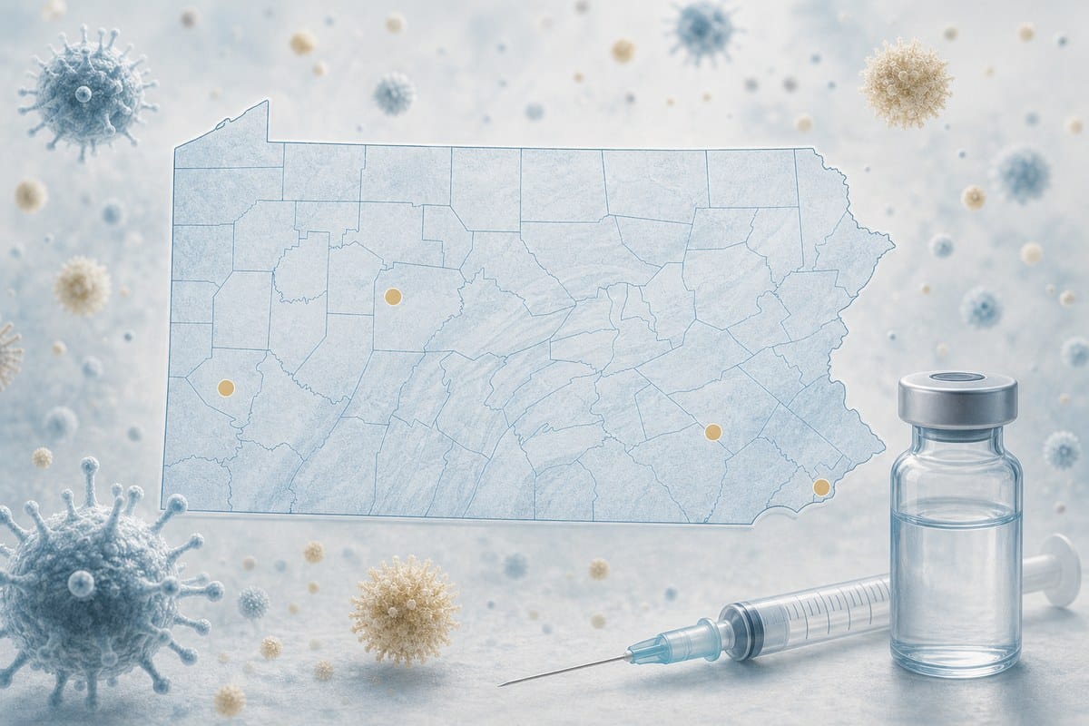 Illustrated Pennsylvania map with outbreak markers, airborne particles and a vaccine vial