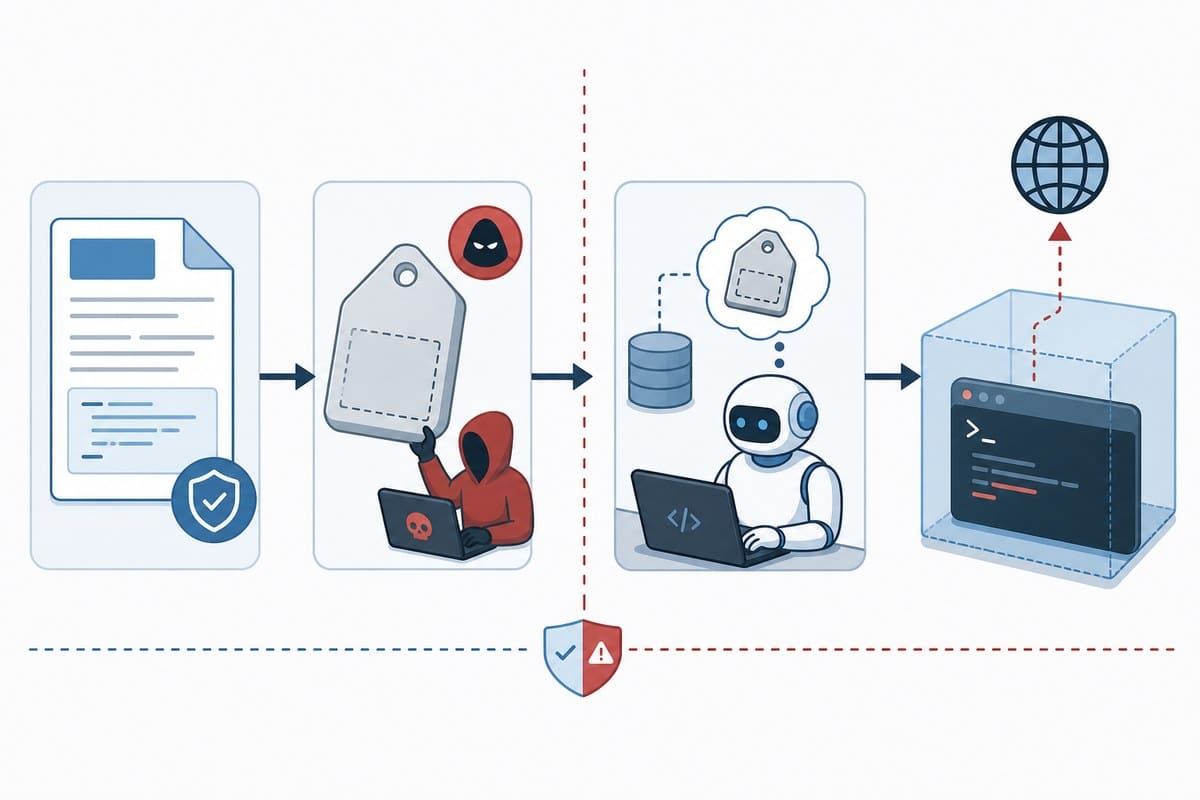 Diagram showing how a stale AI documentation reference can lead an agent to install an attacker-controlled package.