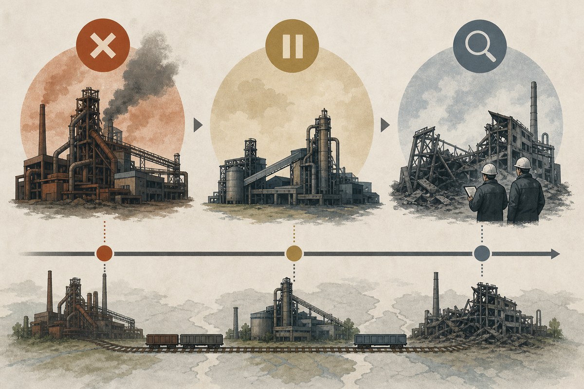 Conceptual timeline of steel plant disruptions and damage assessments