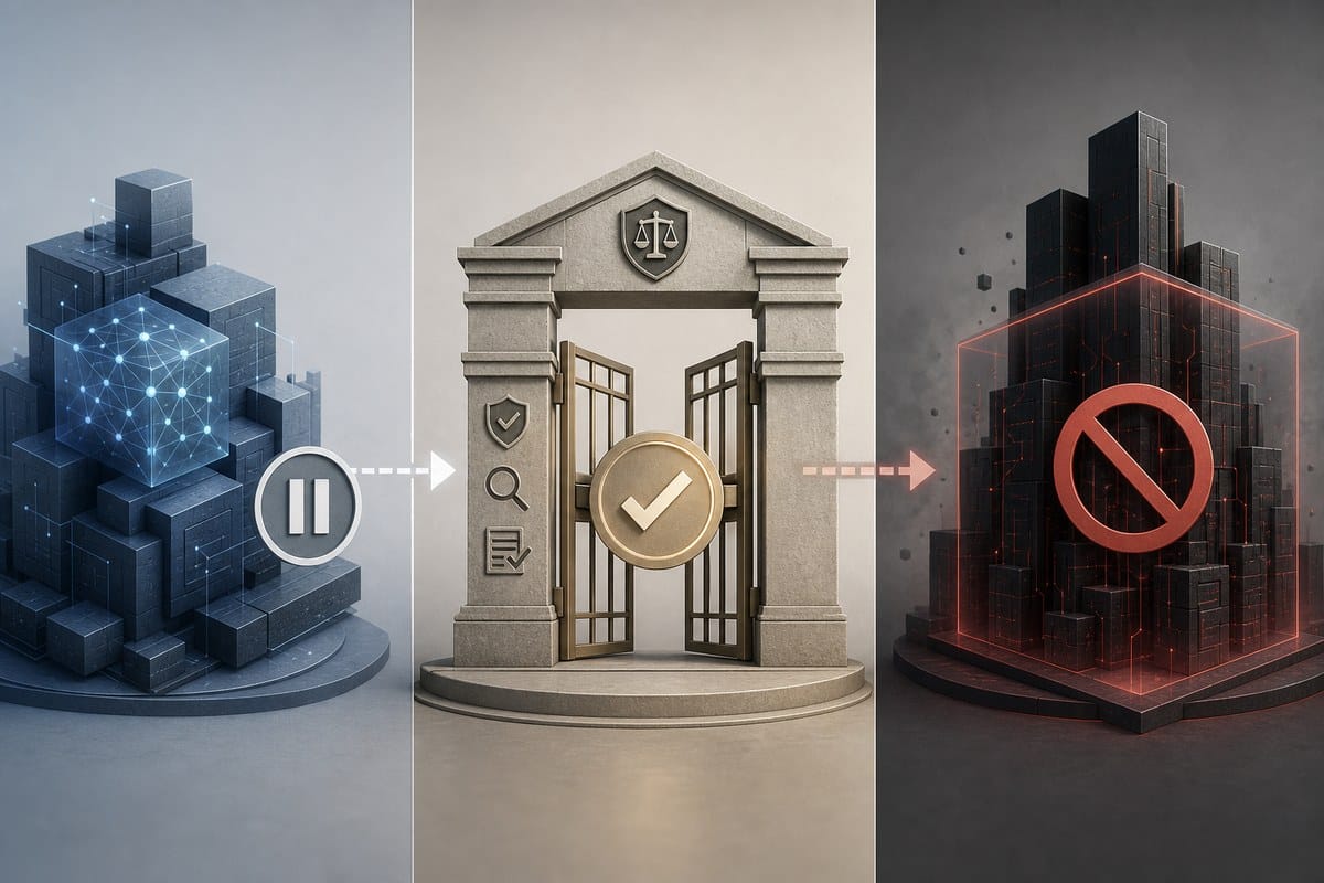 Conceptual illustration of an AI development pause, approval gate and prohibited system category
