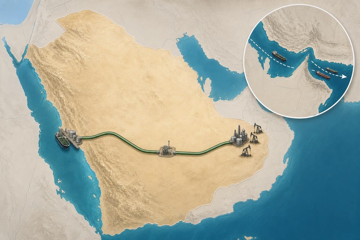 Conceptual map showing an overland oil pipeline linking eastern Saudi Arabia to the Red Sea