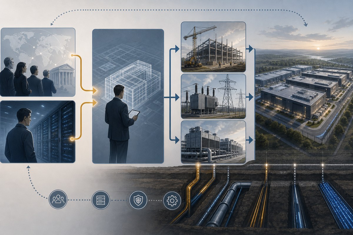 Conceptual diagram showing investment, tenant demand, power infrastructure and data-center construction