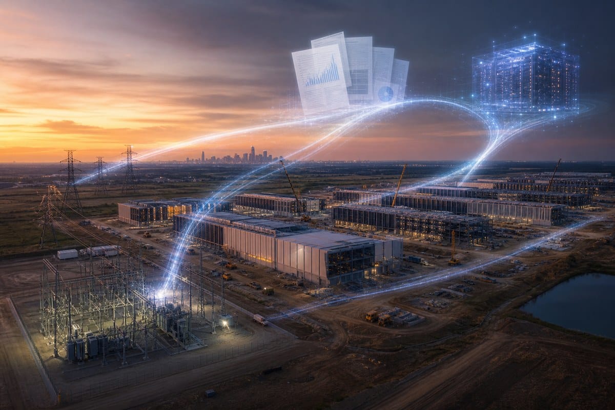 Data-center construction site beside transmission infrastructure and abstract financial documents