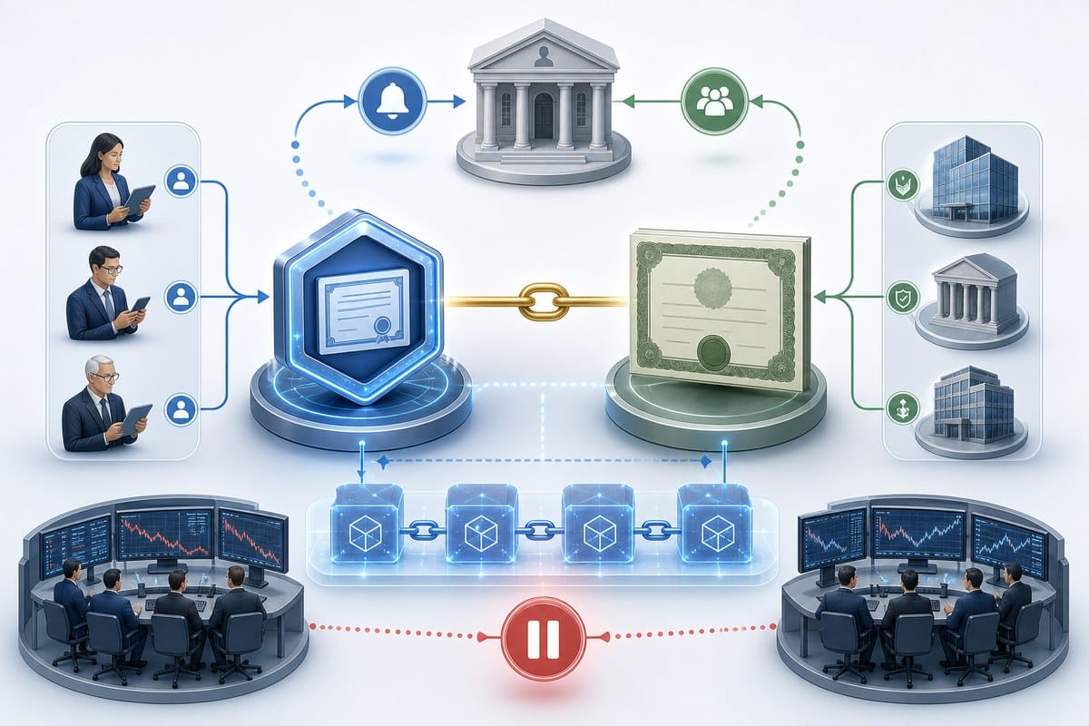 Conceptual diagram of tokenized shares linked to issuer, rights verification and permissioned liquidity pools