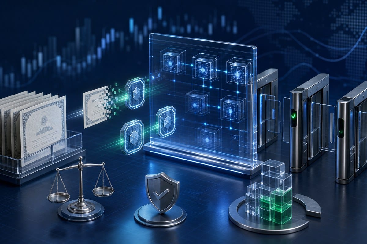 Abstract digital share tokens moving through a guarded regulated trading network