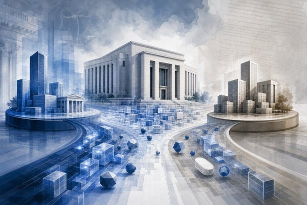 Abstract regulatory building with digital ledger blocks splitting into two capital-raising paths