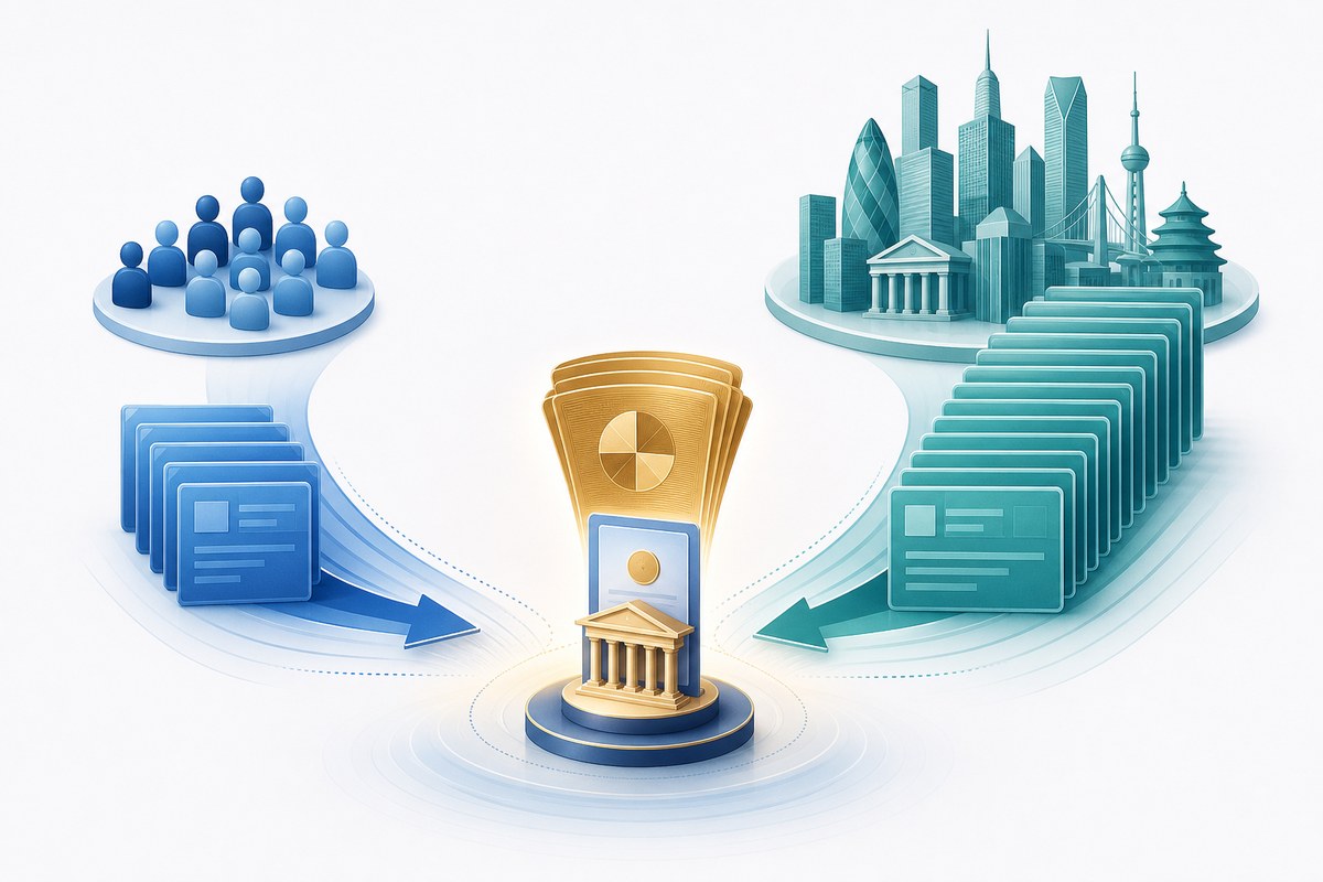 Conceptual illustration of public and international investor orders entering an IPO
