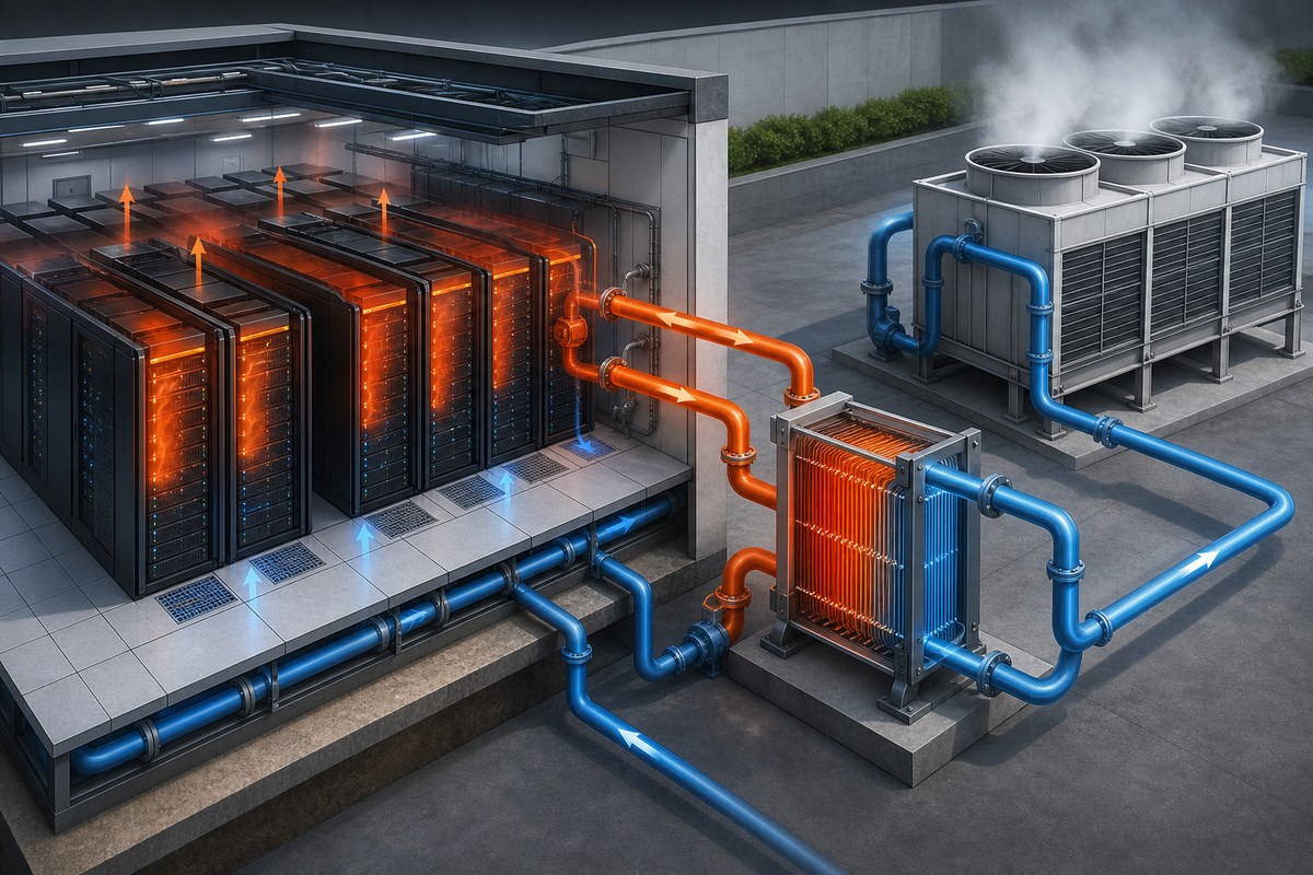 Conceptual cutaway showing coolant carrying heat from server racks through a heat exchanger.