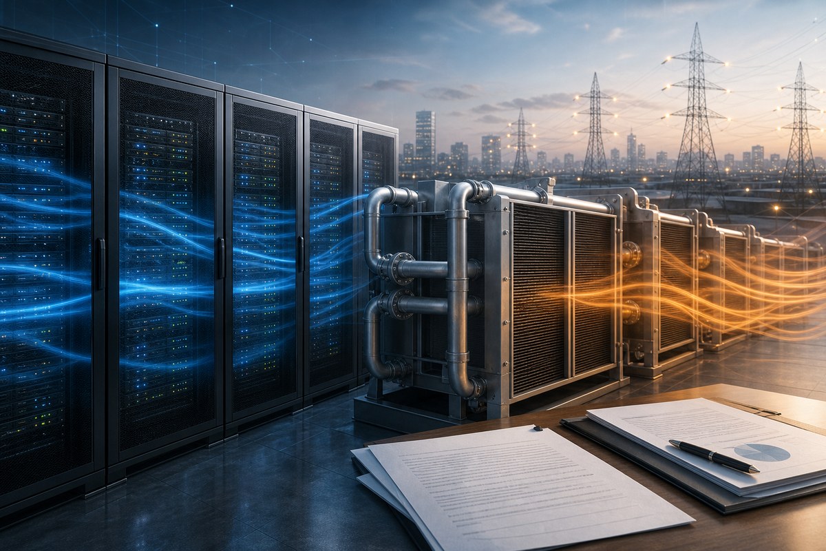 Stylized data-center racks connected to industrial heat exchangers with flowing cooling currents.