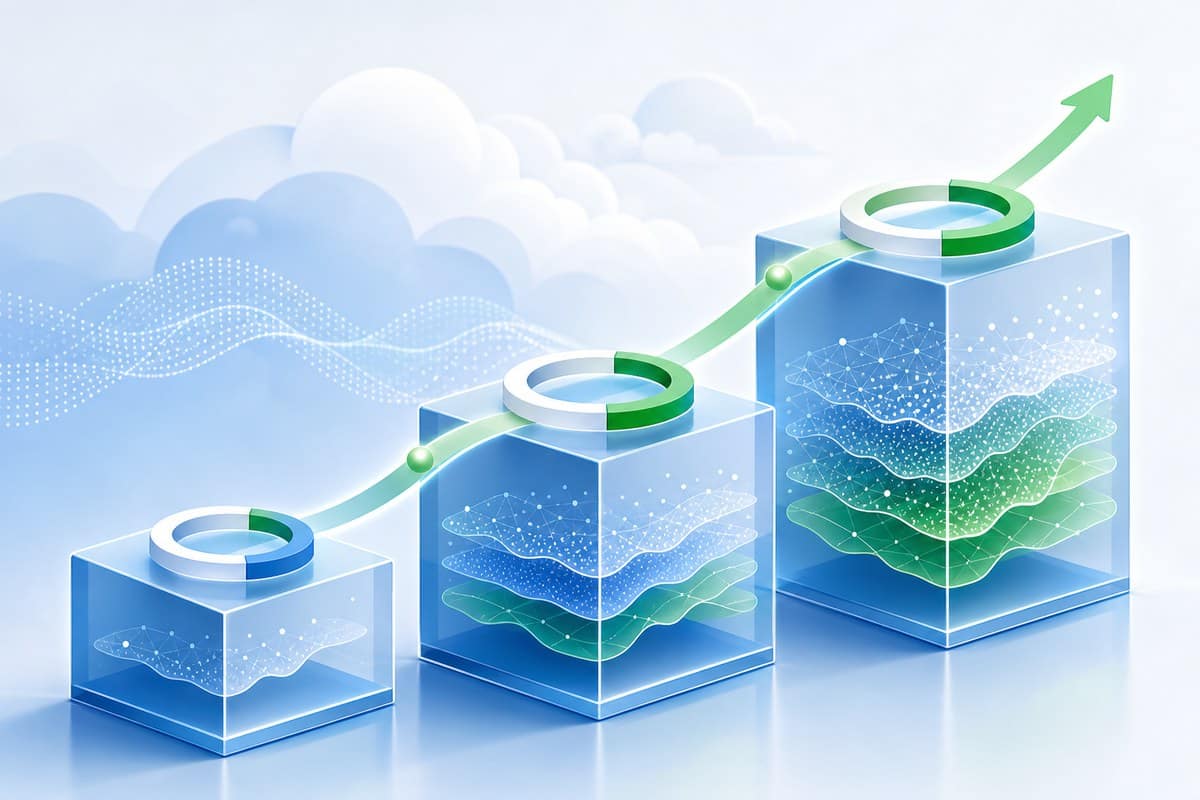 Three ascending translucent forecast blocks connected by a rising path.