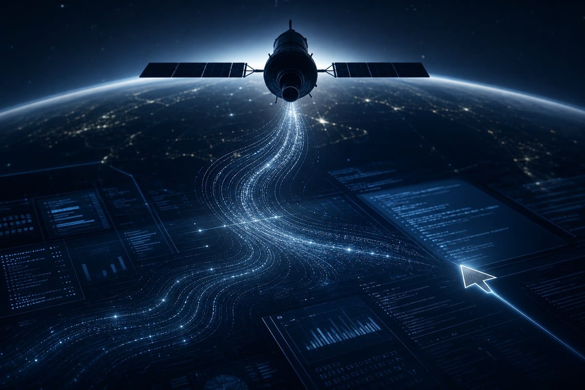 Abstract spacecraft silhouette above a glowing AI coding workspace