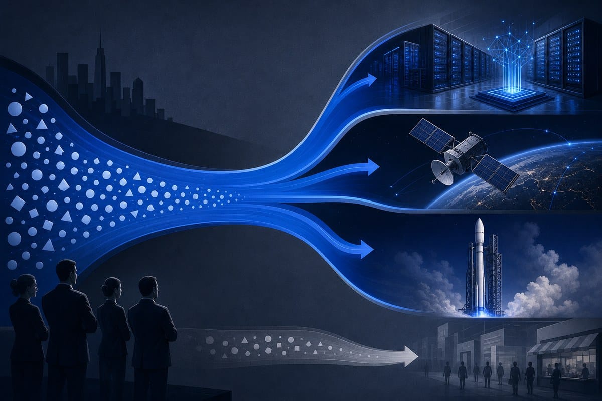 Abstract investment flows toward AI infrastructure, satellites and launch systems