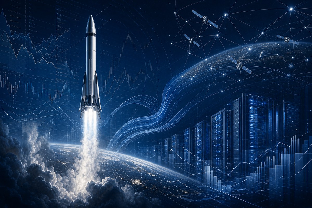 A rocket, satellites and abstract data-center structures over financial ledger patterns