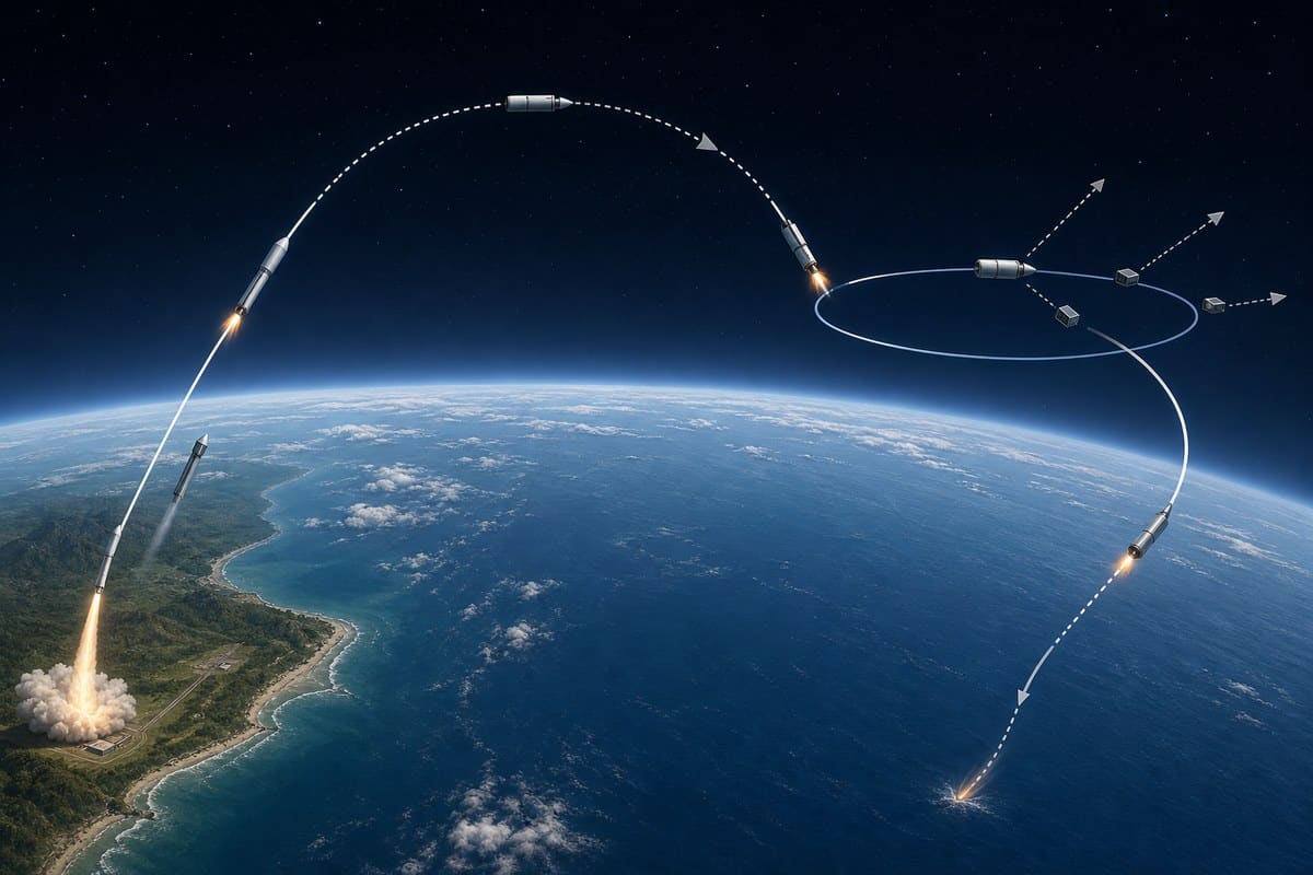 Conceptual diagram showing a rocket’s free-return path, circularization into orbit, satellite release and planned deorbit.