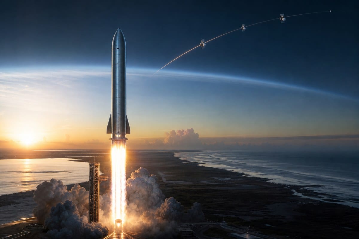 Editorial illustration of a Starship-like rocket ascending above a coastal launch site toward Earth orbit.