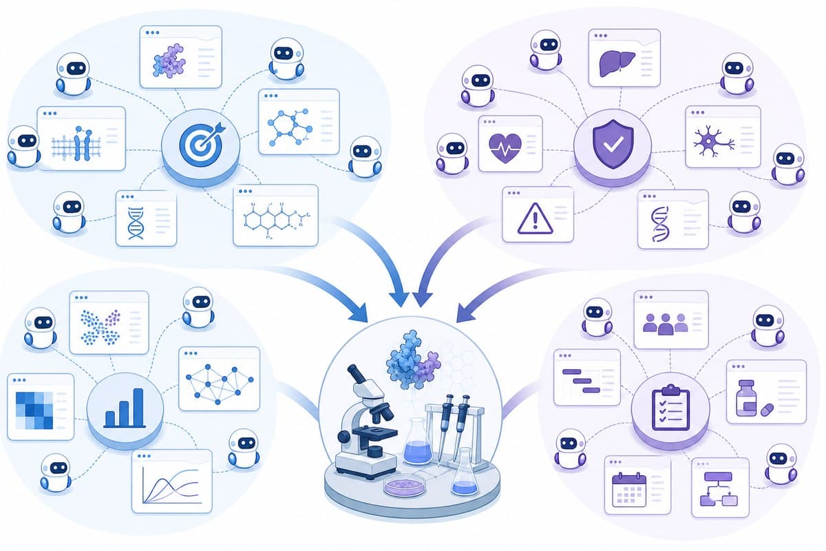 Conceptual diagram of AI agent teams feeding drug-discovery hypotheses into laboratory validation.