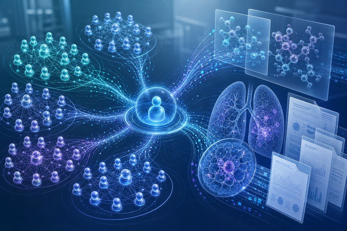 Abstract network of AI agents connecting clinical-trial records and molecular research panels.