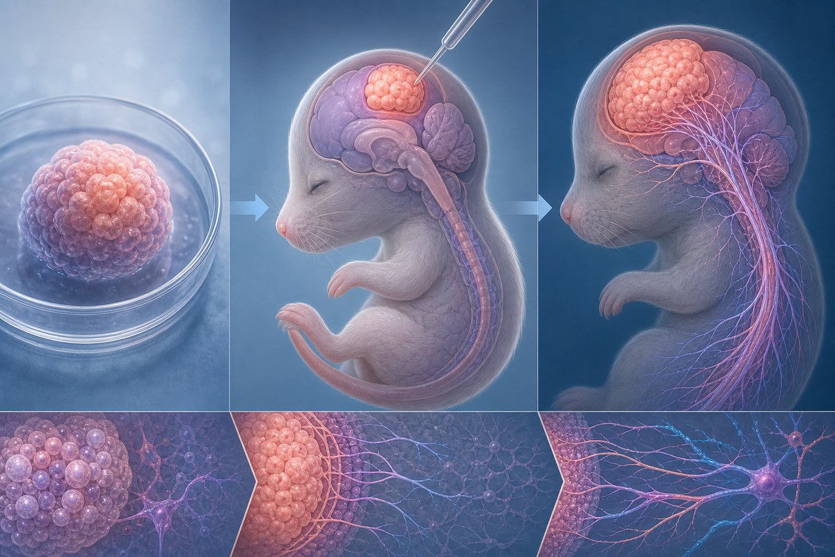 Three-stage illustration of a human cortical organoid growing after transplantation into an engineered mouse brain.