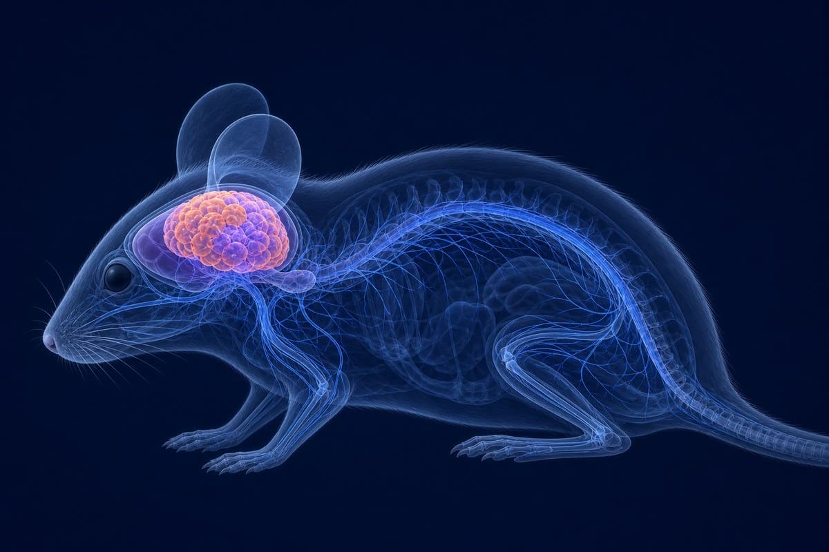 Conceptual mouse silhouette showing a glowing human cortical tissue graft in the brain.