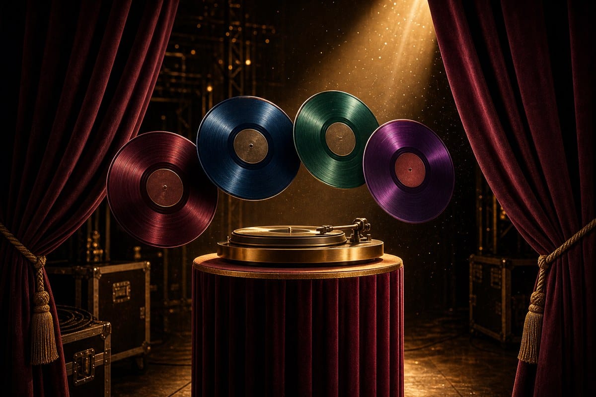 Four colored vinyl records displayed against softly lit theater curtains.