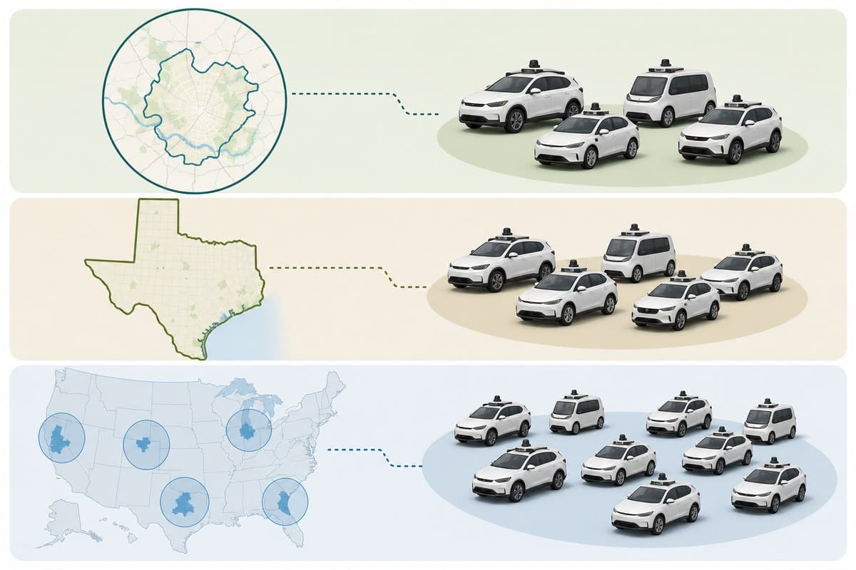 A conceptual diagram separating Austin, Texas and multicity robotaxi fleet scopes.